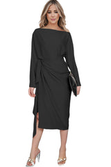 Black Satin Wrap Tie Side Boat Neck Long Sleeve Dress
