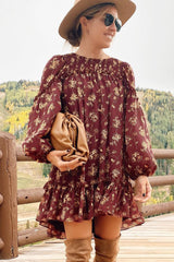 Red Ruffled Puff Sleeve High Low Floral Babydoll Dress