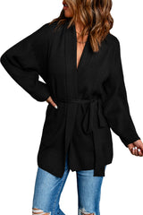 Black Robe Style Rib Knit Pocketed Cardigan with Belt