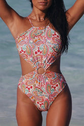 Multicolor Floral Print O-ring Lace-up Backless One Piece Swimsuit