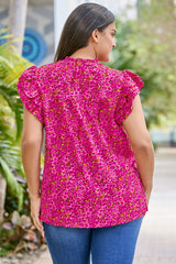 Rose Floral Print Ruffle Sleeve Plus Size Shift Top