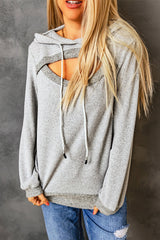 Gray Ribbed Trim Cut-out Bust Drawstring Hoodie