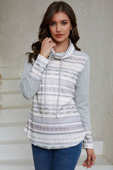 Gray Aztec Print Amicg Knit Cowl Neck Sweatshirt