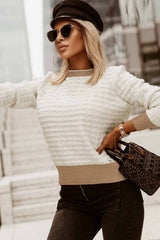 White Textured Knit Contrast Long Sleeve Sweater