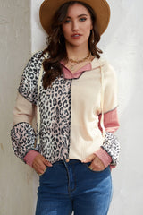 Leopard Colorblock Patchwork Waffle Knit Hoodie