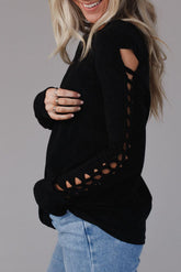 Black Braid Hollow-out Sleeves Knit Top