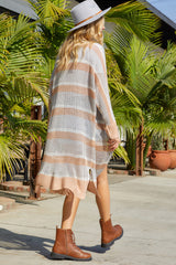 Gray Days End Tan Open Knit Striped Cardigan