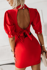 Red High Neck Lantern Sleeves Backless Mini Dress