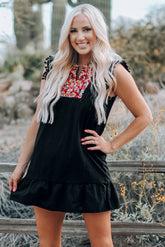 Black Boho Print Pompom Sleeve Shift Dress