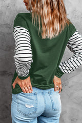 Green Striped Star Print Patchwork Long Sleeve Top