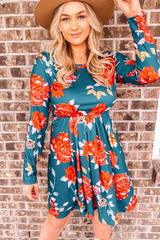 Blue Floral Pleated Long Sleeves Dress