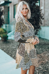 Leopard Color Block Surplice V Neck Mini Dress