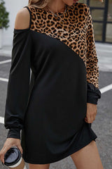 Black Asymmetric Cold Shoulder Leopard Colorblock Mini Dress