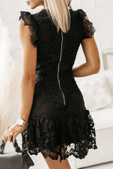 Black Floral Lace Crochet Ruffled High Waist Mini Dress