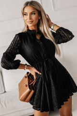Black Lace Crochet Drawstring High Waist V Neck Mini Dress