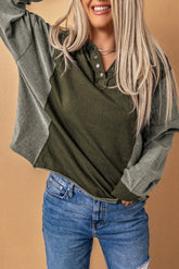 Green Patchwork Button Down Neckline Hoodie