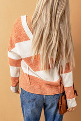Stripe Striped V Neck Criss Cross Back Sweater