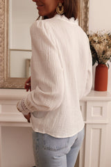 White Lace Crochet Trim Deep V Neck Textured Blouse
