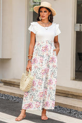 White Floral Patchwork Ribbed Maxi Dress with Pockets