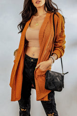 Brown Button Front Pocketed Cable Knit Cardigan