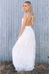 White Contrast Lace Backless Spaghetti Strap Maxi Dress