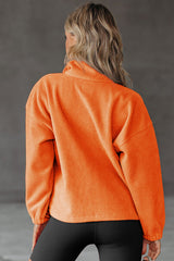 Orange Half Button Pocketed Fleece Pullover Sweatshirt