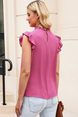 Rose Contrast Trim Ruffled Crew Neck Sleeveless Top