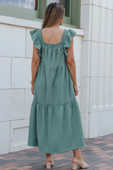 Green Smocked Neckline Flutter Sleeve Maxi Dress