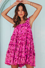 Rose Tiered Ruffled Square Neck Sleeveless Floral Mini Dress