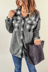 Gray Plaid Patchwork Buttoned Pocket Sherpa Jacket