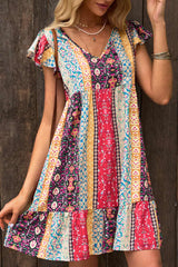 Red Floral Patchwork Print Flutter Sleeve Dress