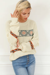 Snow White Western Geometric Print Tasseled Textured Sweater