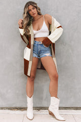 Red Chunky Block Pattern Knit Open Front Cardigan