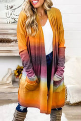 Yellow Gradient Tie-dye Open Front Mid-length Cardigan