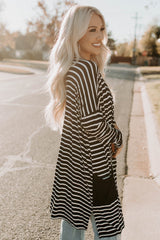 Black White Striped Pocketed Long Cardigan