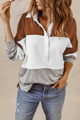 Brown Turn-down Collar Colorblock Pullover Sweatshirt