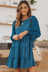 Green Pleated Bubble Sleeves Tiered Ruffle Mini Dress