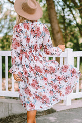 Beige Floral Print Puffy Sleeve Ruffled Midi Dress