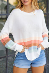 White Ribbed Round Neck Striped Sweater