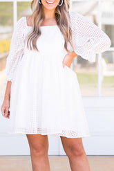 White Gingham Square Neck Puff Sleeve Plus Size Dress