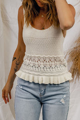 Beige Crochet Ruffled Hem Knitted Vest