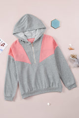 Gray Zip Front Colorblock Pullover Hoodie