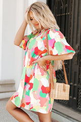 Multicolor Abstract Print Notch V Neck Puff Sleeve Dress