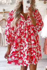Red Floral Print Puff Sleeve Split Neck Babydoll Mini Dress