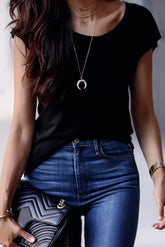 Black Hollow-out Back Cap Sleeve T-shirt