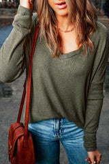 Green Loose Ribbed Knit V Neck Long Sleeve Top