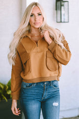 Brown Zip Collared Big Flap Pocket Exposed Seam Sweatshirt