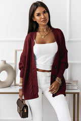 Wine Red Buttons Front Textured Knit Cardigan