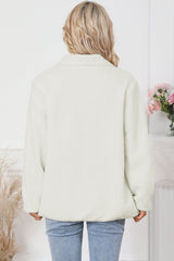 White Chest Pocket Full Zipper Fuzzy Fleece Jacket
