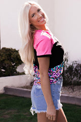 Rose Leopard Print Color Block Textured T-shirt